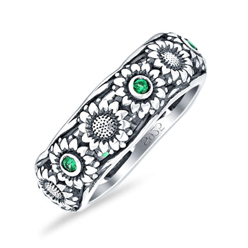 Sunflower Oxidized Statement Wedding Band Green Emerald CZ 925 Sterling Silver Wholesale